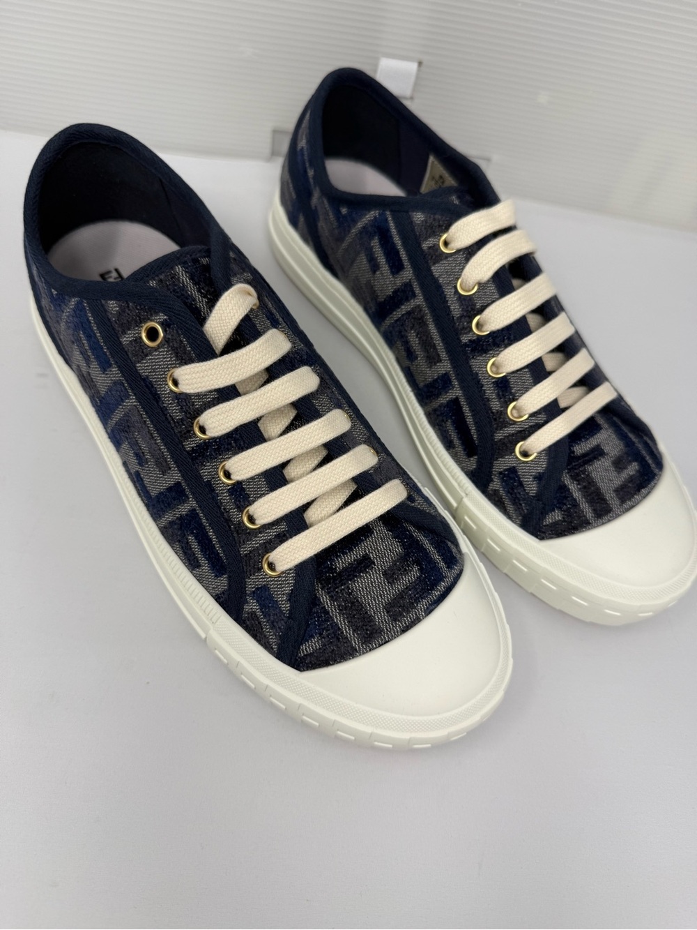 Fendi Navy Monogram Low-Top Sneakers with Cream Laces